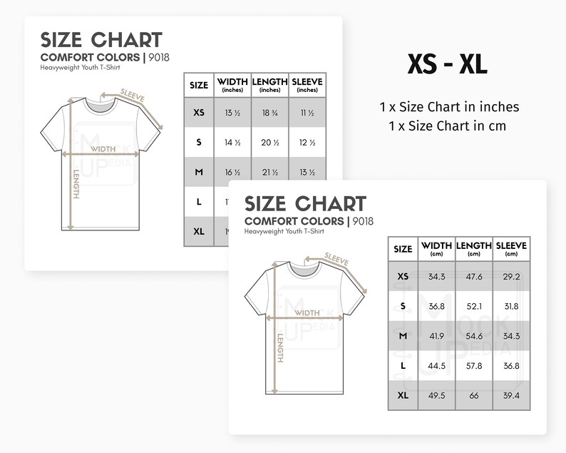 Comfort Colors 9018 Youth Tshirt Size Chart inches/cm Digital Size