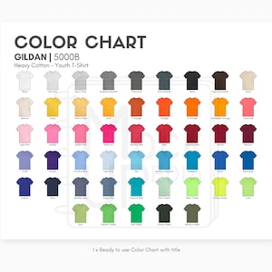 May include: Color chart for Gildan 5000B youth t-shirts. The chart shows a variety of colors, including white, black, red, blue, green, and yellow. The chart is labeled with the color name and the corresponding color swatch.