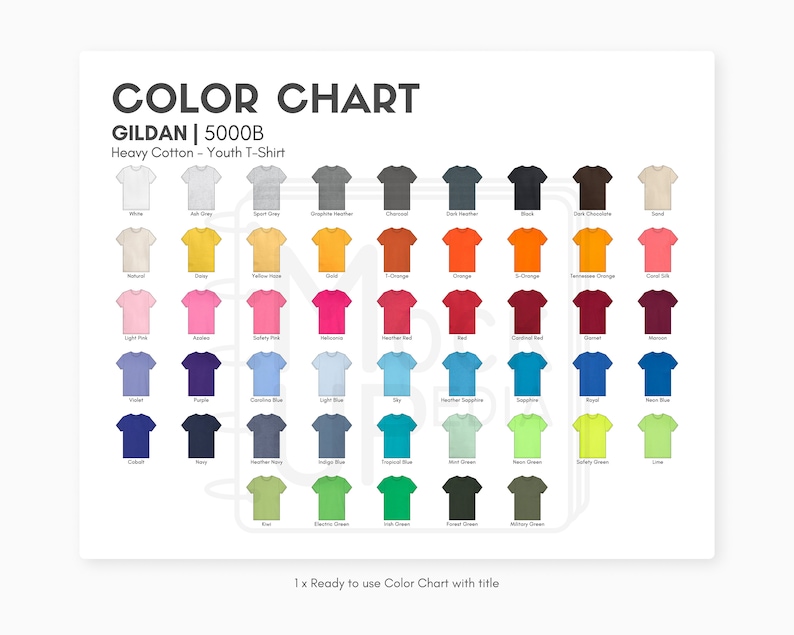May include: Color chart for Gildan 5000B youth t-shirts. The chart shows a variety of colors, including white, black, red, blue, green, and yellow. The chart is labeled with the color name and the corresponding color swatch.