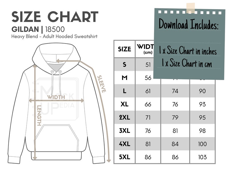 Gildan 18500 Adult Hooded Sweatshirt Size Chart inches/cm | Etsy