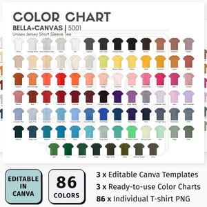 Bella Canvas 3001 Carta de colores Canva EDITABLE / Bella+Canvas 3001 Unisex Jersey Carta de colores de camiseta de manga corta / Carta de colores digital / PNG