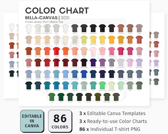 Bella Canvas 3001 EDITABLE Canva Color Chart | Bella+Canvas 3001 Unisex Jersey Short Sleeve Tee Color Chart | Digital Color Chart | PNG