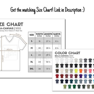 May include: Size chart for Bella + Canvas 3005 unisex short sleeve v-neck t-shirts. The chart shows the width, length, and sleeve length in inches for sizes S, M, L, XL, and 2XL. A color chart shows a variety of colors available for the t-shirts.