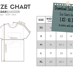 Gildan 64500B Youth T-Shirt Size Chart (inches/cm) | Digital Size Chart | Gildan Softstyle Youth T-Shirt Mockup Size Chart