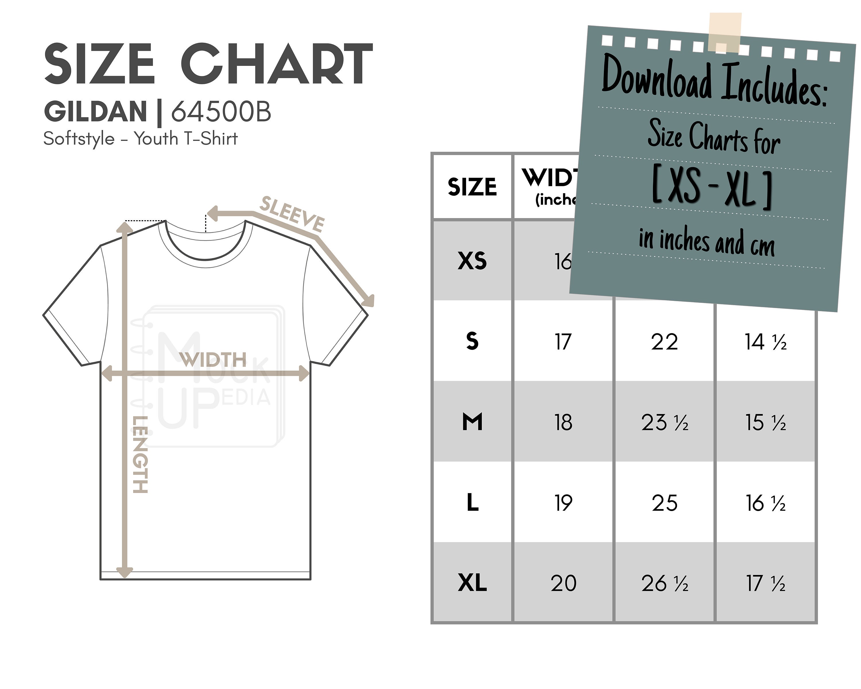 Gildan 64500B Youth T-shirt Size Chart inches/cm Digital Size Chart ...