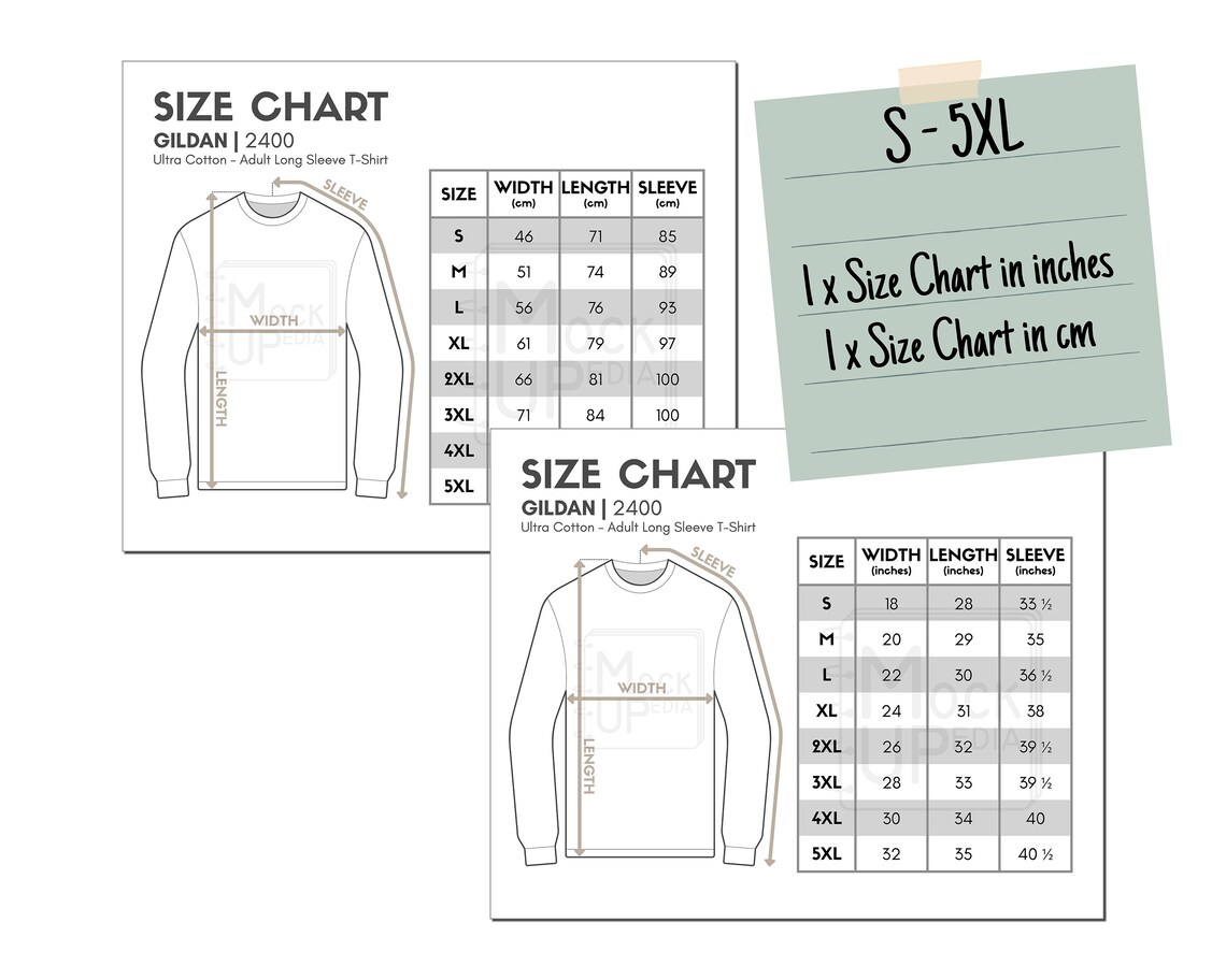 Gildan 2400 Adult Long Sleeve T-Shirt Size Chart inches/cm | Etsy