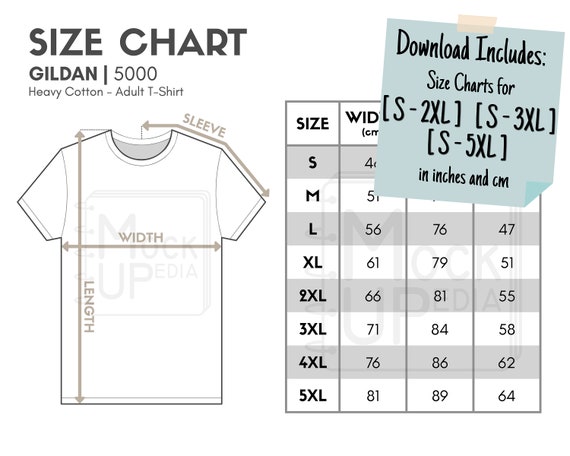 5000 Adult T-shirt Size Chart inches/cm Digital Etsy