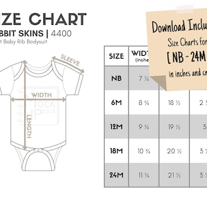 Rabbit Skins 4400 Infant Baby Rib Bodysuit Size Chart (inches/cm) | Digital Size Chart | Rabbit Skins 4400 Bodysuit Mockup Size Chart