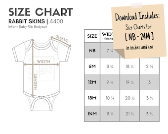 Pieles de conejo 4400 Infant Baby Rib Body Body Body Size Chart (pulgadas/cm) / Digital Size Chart / Rabbit Skins 4400 Bodysuit Mockup Size Chart