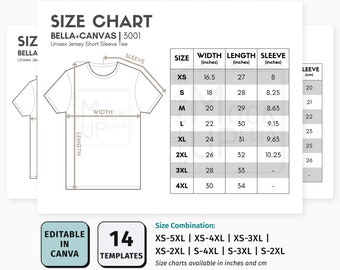 Bella Canvas 3001 Editable Canva Size Chart | Adult Unisex Jersey Short Sleeve Tee Size Chart (inches/cm) | Customizable Size Chart Template