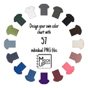 May include: A color chart of 57 different colored V-neck t-shirts. The shirts are arranged in a circle with the text "Design your own color chart with 57 individual PNG files" and a logo that says "Mock Upedia" in the center.