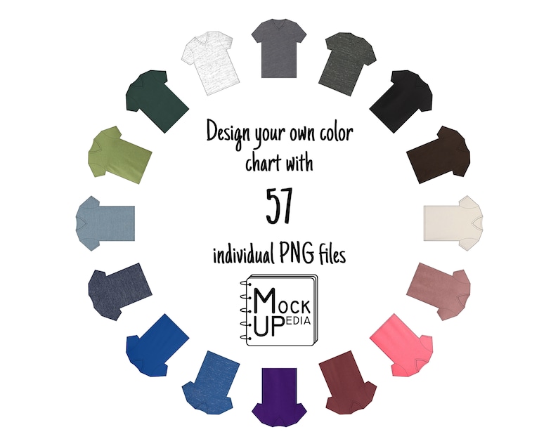 May include: A color chart of 57 different colored V-neck t-shirts. The shirts are arranged in a circle with the text "Design your own color chart with 57 individual PNG files" and a logo that says "Mock Upedia" in the center.