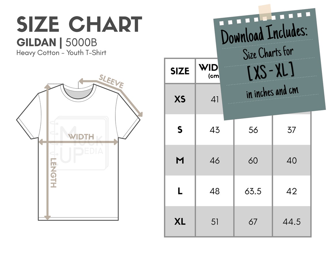 Gildan 5000B Youth T-shirt Size Chart inches/cm Digital Size Chart ...