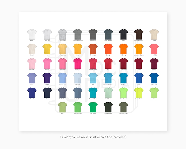 May include: Color chart showing 48 different t-shirt colors. The colors are arranged in rows and columns. The colors include white, black, gray, red, blue, green, yellow, orange, pink, and brown.
