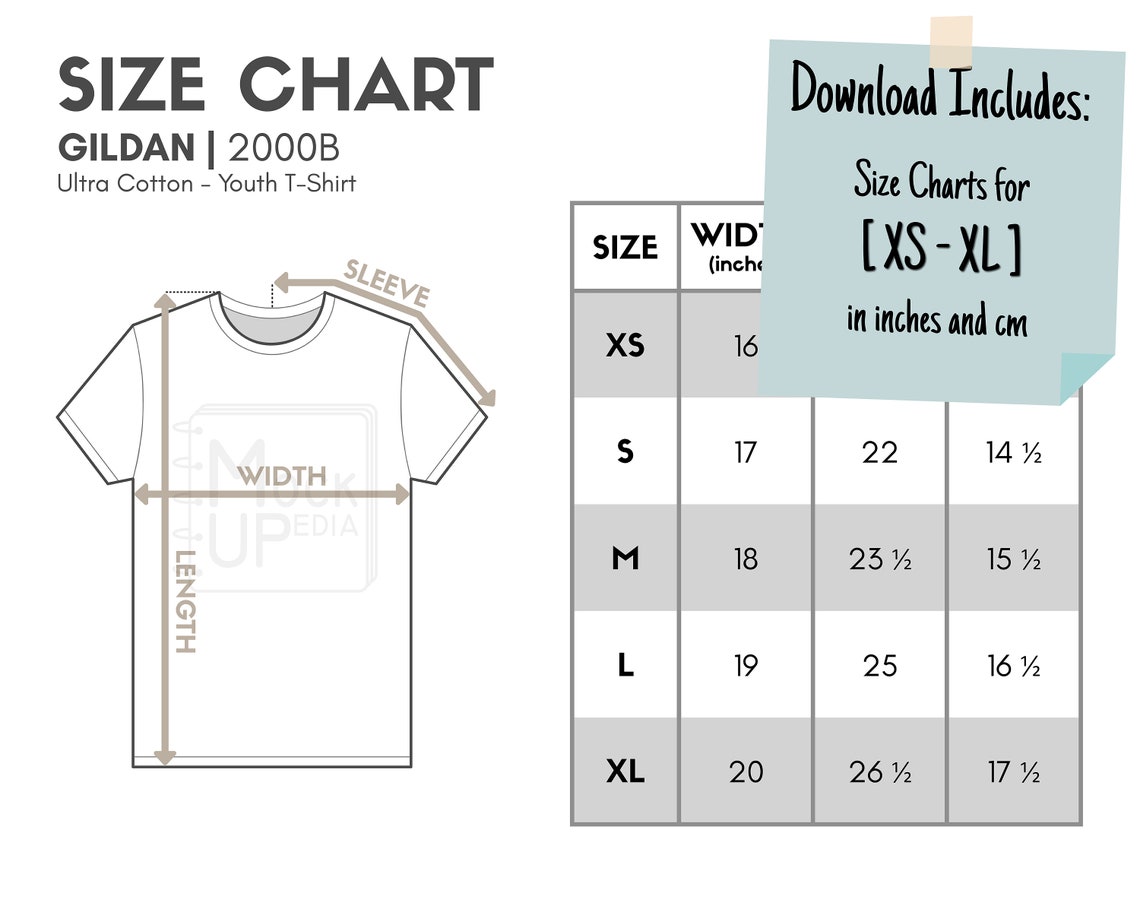 Gildan 2000B Youth T-shirt Size Chart inches/cm Digital - Etsy