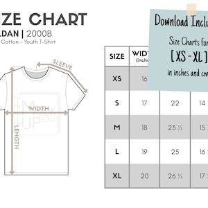 Gildan 2000B Youth T-Shirt Size Chart (inches/cm) | Digital Size Chart | Gildan Ultra Cotton T-Shirt Mockup Size Chart