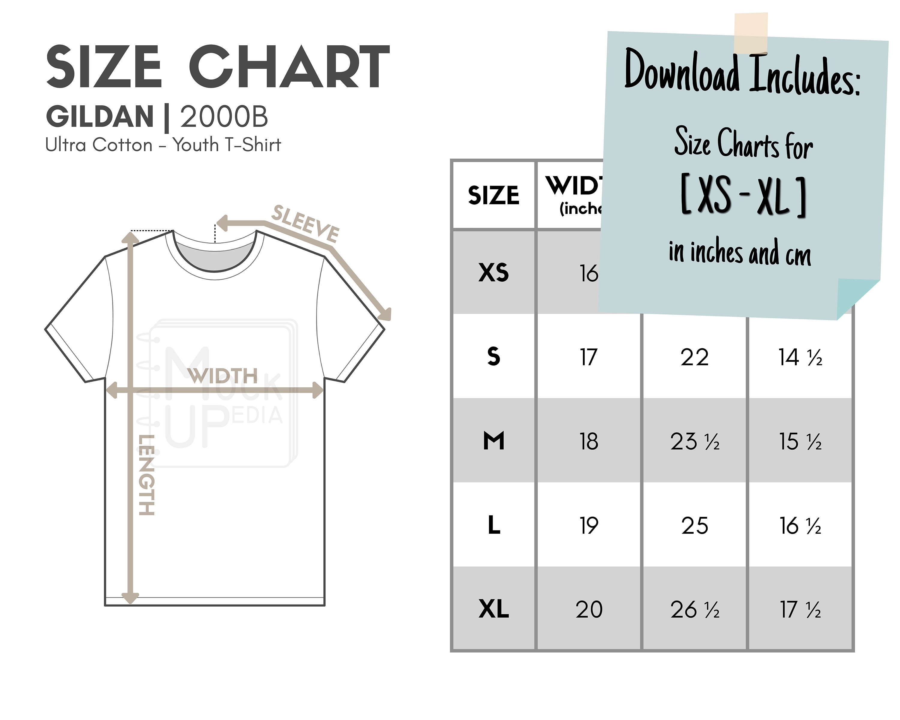 Gildan 2000B Youth T-shirt Size Chart inches/cm (Instant Download) - Etsy