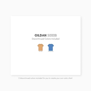 May include: GILDAN 5000B Discontinued Colors Included. Two t-shirts, one in tan and one in blue, are shown on a white background.