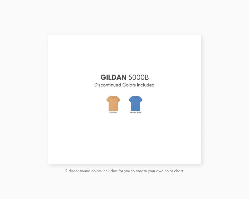 May include: GILDAN 5000B Discontinued Colors Included. Two t-shirts, one in tan and one in blue, are shown on a white background.