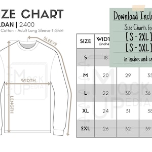 Gildan 2400 Adult Long Sleeve T-Shirt Size Chart (inches/cm) | Digital Size Chart | Gildan Ultra Cotton T-Shirt Mockup Size Chart