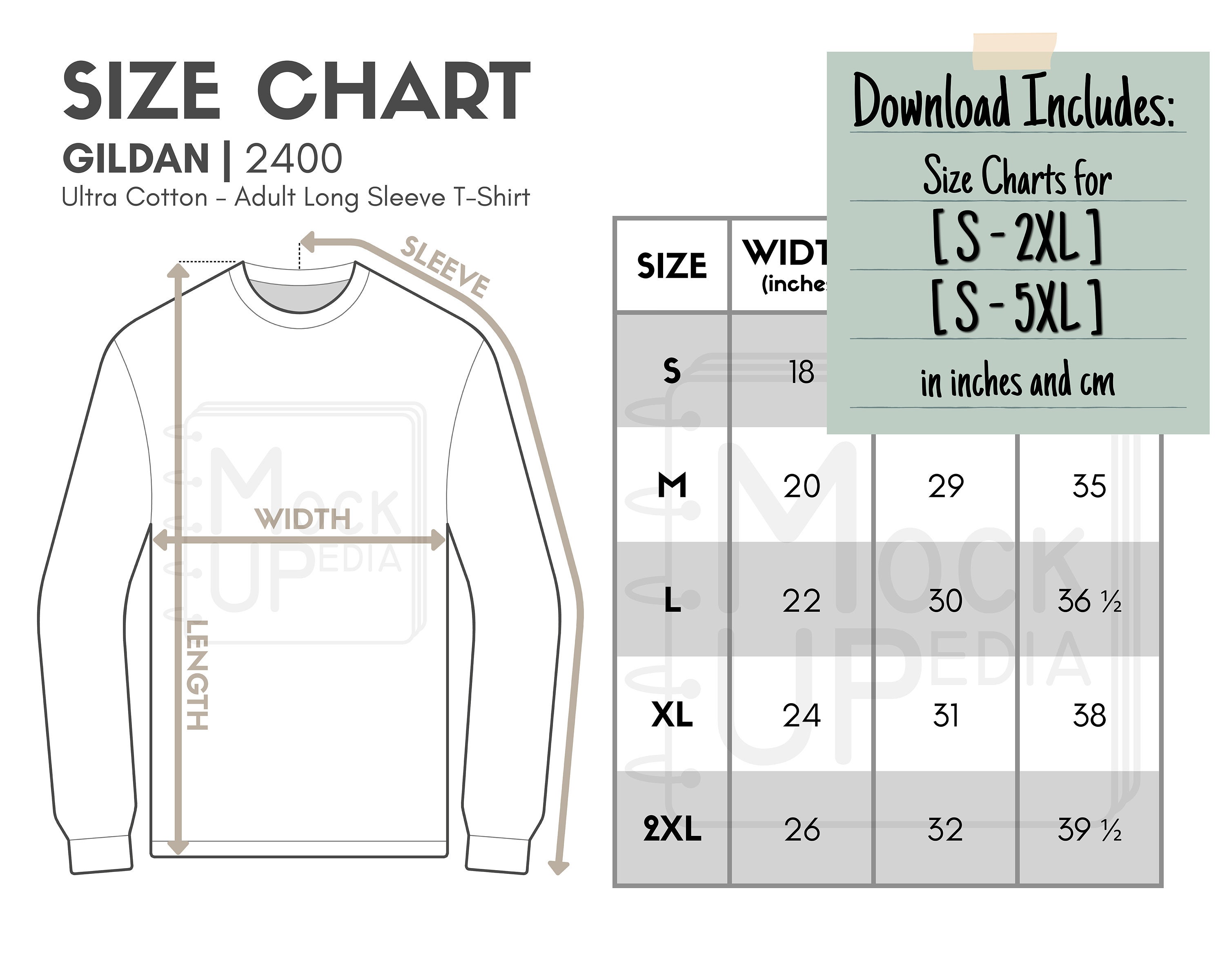 Gildan 2400 Adult Long Sleeve T-shirt Size Chart inches/cm Digital