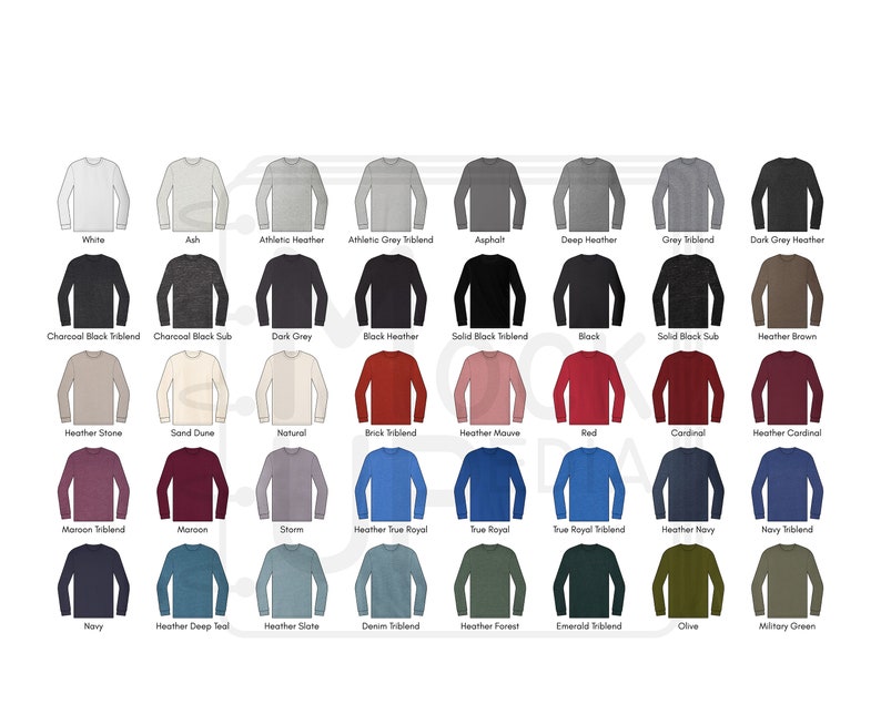 Bella+Canvas 3501 Unisex Jersey Long Sleeve Tee Tshirt Color Chart Bella Canvas 3501 Adult Long Sleeve Tee Color Chart Digital PNG