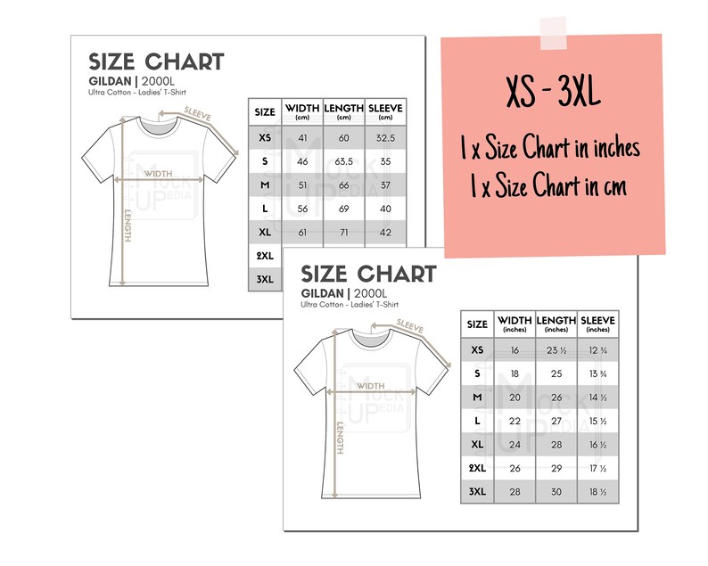 Gildan 2000L Ladies Tshirt Size Chart inches/cm Digital Size Chart Gildan Ultra Cotton Tshirt