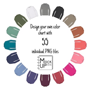 May include: A color chart of 55 long-sleeve shirts in various colors arranged in a circle. The text "Design your own color chart with 55 individual PNG files" is in the center of the circle. The text "Mock Upedia" is in a notebook at the bottom of the circle.