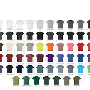 May include: A chart showing a variety of V-neck t-shirt colors, including white, black, gray, red, blue, green, and more. The shirts are arranged in rows and columns, with each color having a different shade or pattern.