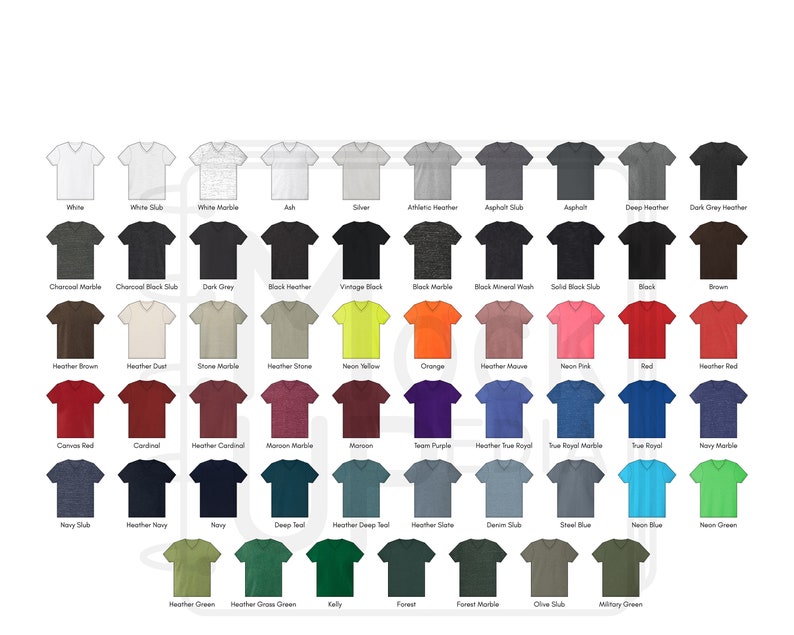 May include: A chart showing a variety of V-neck t-shirt colors, including white, black, gray, red, blue, green, and more. The shirts are arranged in rows and columns, with each color having a different shade or pattern.