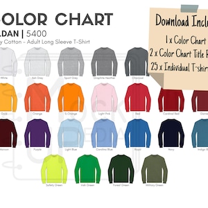 Gildan 5400 Adult Long Sleeve T-Shirt Color Chart | Gildan 5400 Heavy Cotton Long Sleeve T-Shirt Color Chart | Digital Color Chart | PNG