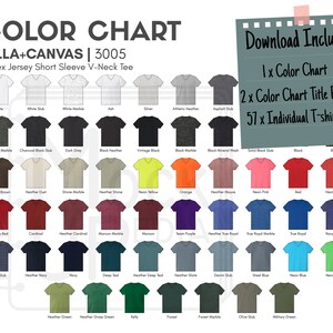 May include: Color chart for Bella + Canvas 3005 unisex jersey short sleeve V-neck t-shirts. The chart shows 57 different color options, including white, black, heather grey, red, blue, green, and more.