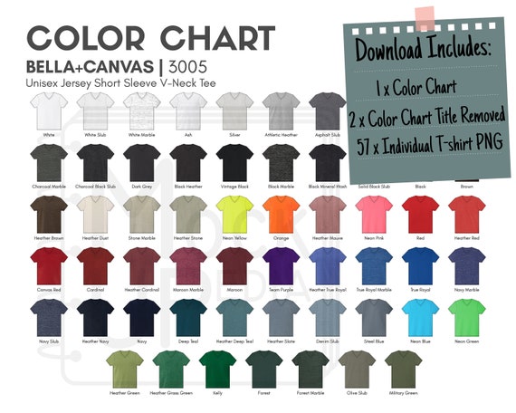 Bella Canvas 3005 Adult V-Neck T-Shirt Color Chart | Bella+Canvas 3005 Unisex Jersey Short Sleeve V-Neck Tee Color Chart | PNG