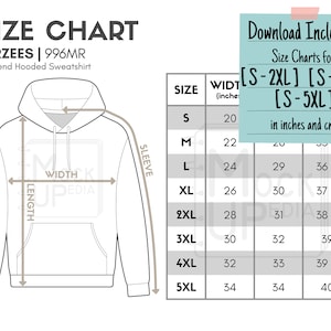 Jerzees 996MR Adult Hooded Sweatshirt Size Chart (inches/cm) | Digital Size Chart | Jerzees 996MR NuBlend Hooded Sweatshirt Size Chart