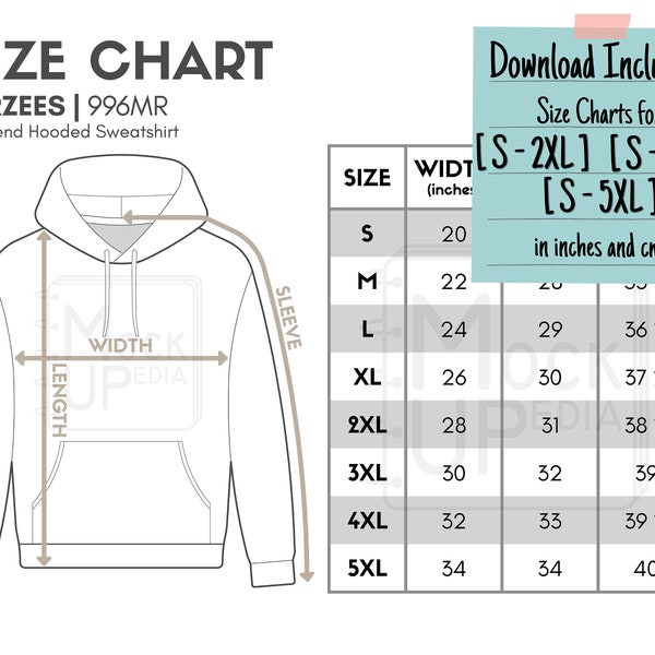 Jerzees 996MR Adult Hooded Sweatshirt Size Chart (inches/cm) | Digital Size Chart | Jerzees 996MR NuBlend Hooded Sweatshirt Size Chart