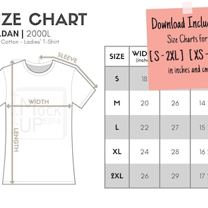 Gildan 2000L Señoras Camiseta Tamaño Carta (pulgadas / cm) / Digital Size Chart / Gildan Ultra Cotton Camiseta Mockup Size Chart