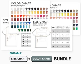 BUNDLE! Bella Canvas 3001 EDITABLE Size & Color Chart | 3001 and 3001CVC Adult Unisex Jersey Short Sleeve Tee Customizable Size Color Chart