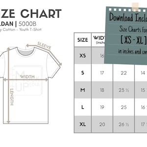 Gildan 5000B Youth T-Shirt Size Chart (inches/cm) | Digital Size Chart | Gildan Heavy Cotton T-Shirt Mockup Size Chart