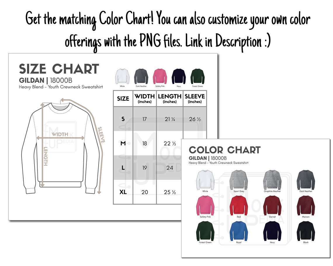 Gildan 18000B Youth Crewneck Sweatshirt Size Chart inches/cm Etsy