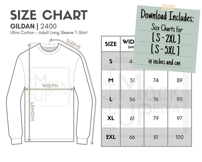 Gildan 2400 Adult Long Sleeve T-shirt Size Chart inches/cm - Etsy