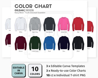 Gildan 18000B EDITABLE Canva Color Chart | Gildan 18000B Heavy Blend Youth Crewneck Sweatshirt Color Chart | Customizable Canva Template