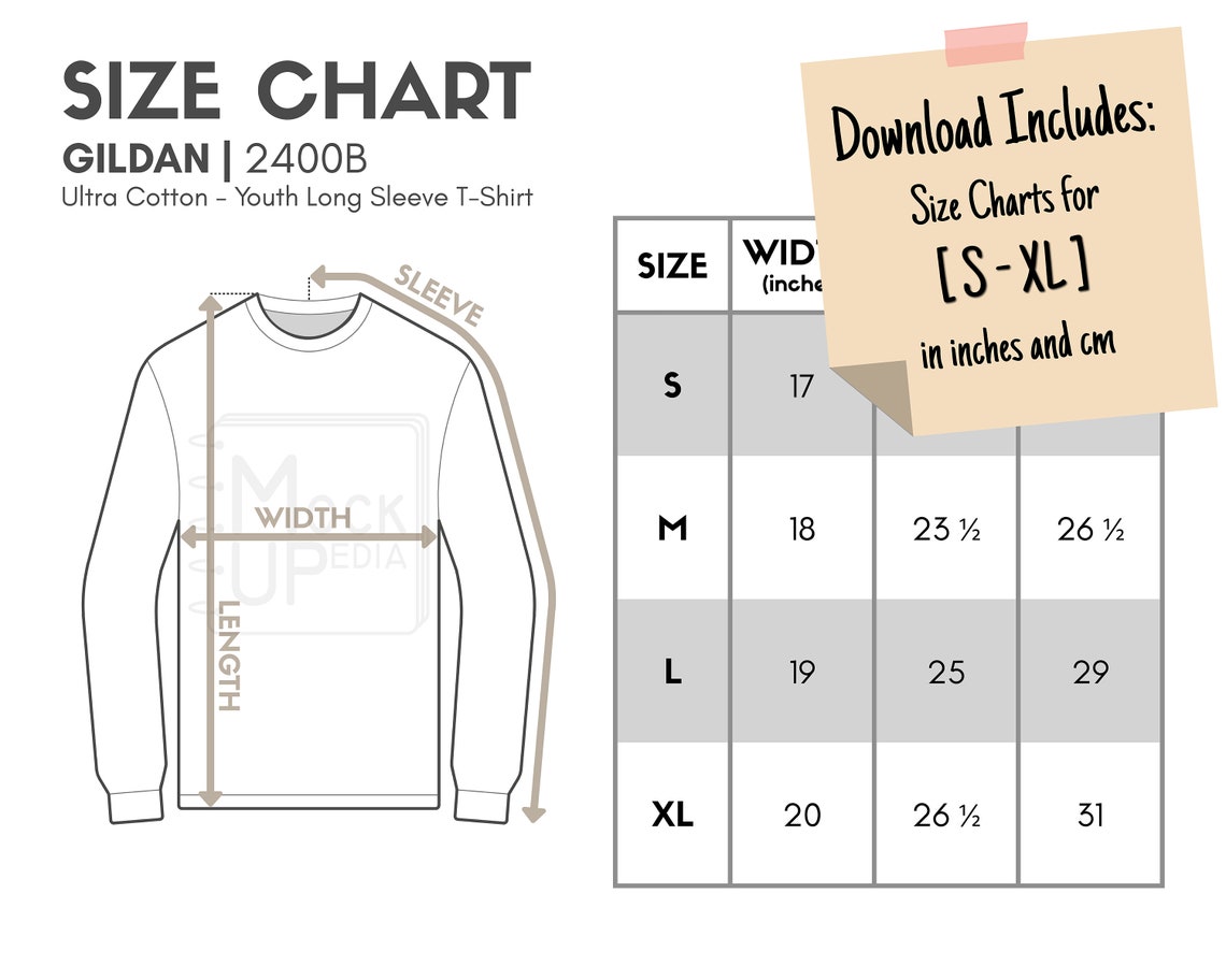 Gildan 2400B Youth Long Sleeve Tshirt Size Chart inches/cm Digital