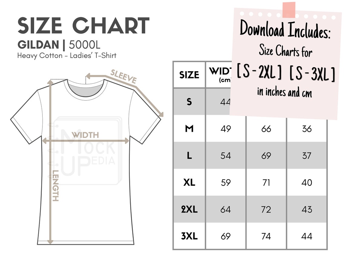 Gildan 5000L Ladies T-shirt Size Chart inches/cm Digital - Etsy