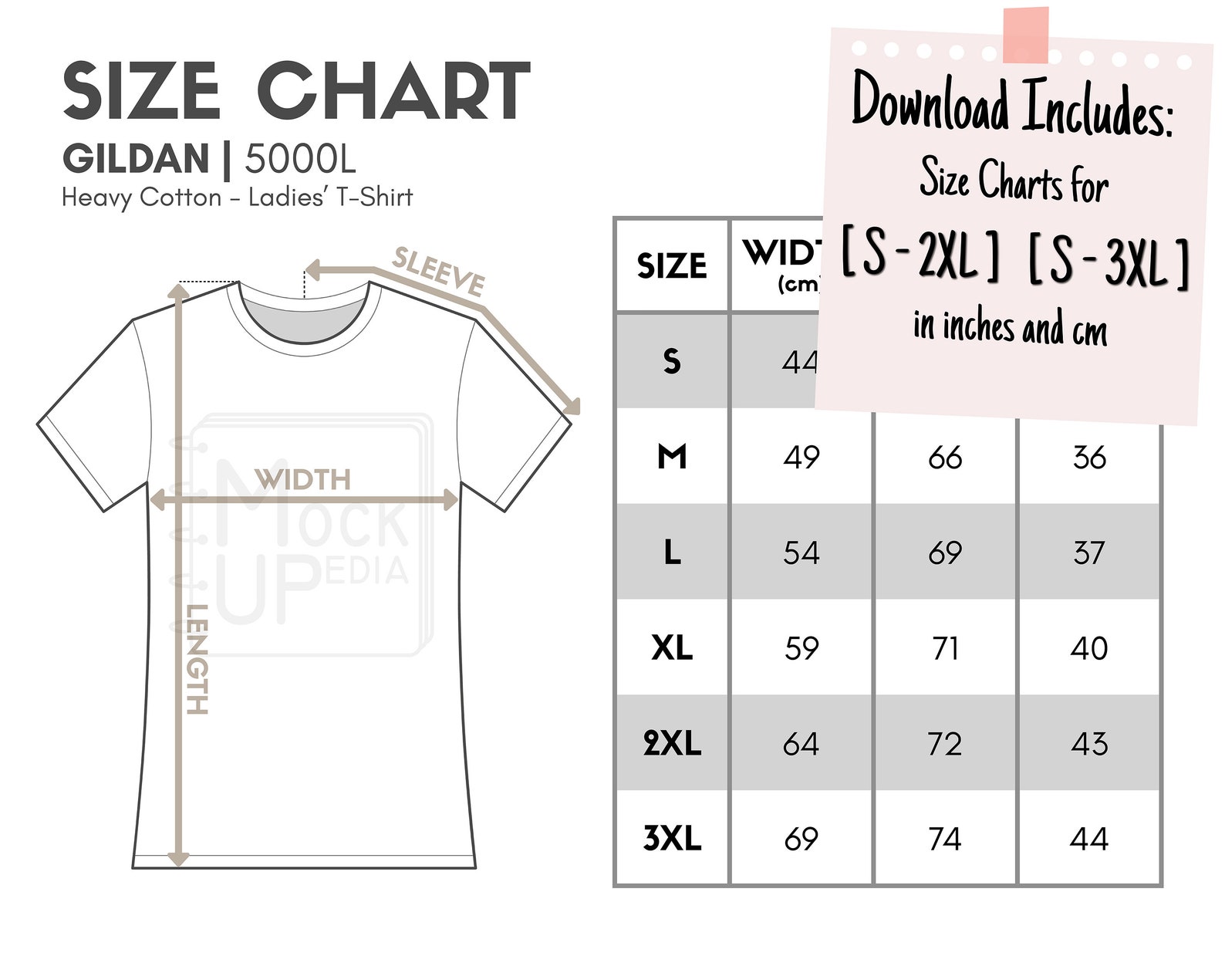 Gildan 5000L Ladies T-Shirt Size Chart inches/cm Digital | Etsy