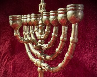ANTIQUE BRASS HANUKKAH Jewish Holiday Menorah Judaism Judaica 9 1/2 Inches Tall