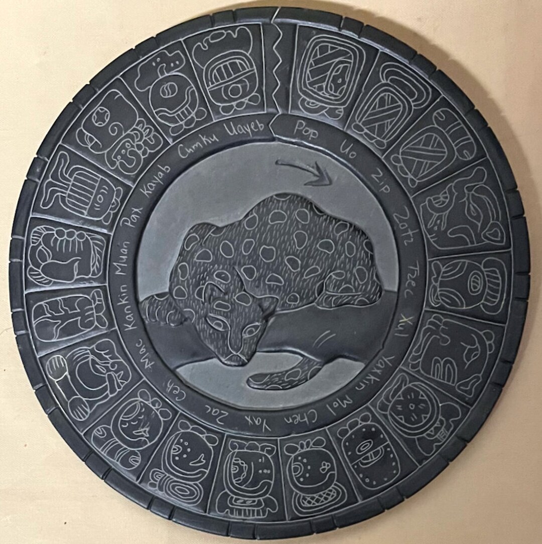 MAYAN CALENDAR YEAR Monthly Glyphs on a Circular Slate Handcarved in