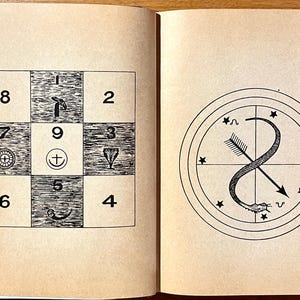 Op de afbeelding: Open boek met twee illustraties. De linkerpagina toont een raster met getallen en symbolen. De rechterpagina toont een cirkelvormig ontwerp met een slang, pijl en sterren. De pagina's zijn bruin met zwarte inkt.