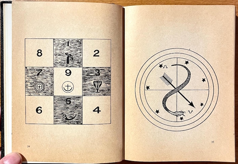 Op de afbeelding: Open boek met twee illustraties. De linkerpagina toont een raster met getallen en symbolen. De rechterpagina toont een cirkelvormig ontwerp met een slang, pijl en sterren. De pagina's zijn bruin met zwarte inkt.