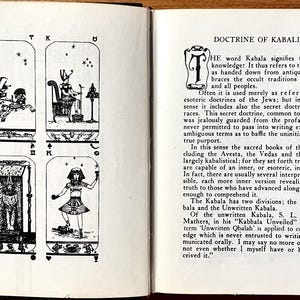 Op de afbeelding: Een open boek met illustraties en tekst. De linkerpagina toont vier zwart-wit tekeningen van figuren in sierlijke kaders. De rechterpagina heeft tekst met de titel "Doctrine of Kabalism" met een sierlijke initiaal.