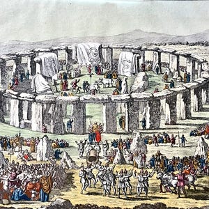 May include: A historical color engraving depicting Stonehenge with a large circular arrangement of upright stone pillars and lintels. Numerous figures in varied attire gather inside and outside the monument, with some draped white cloths.